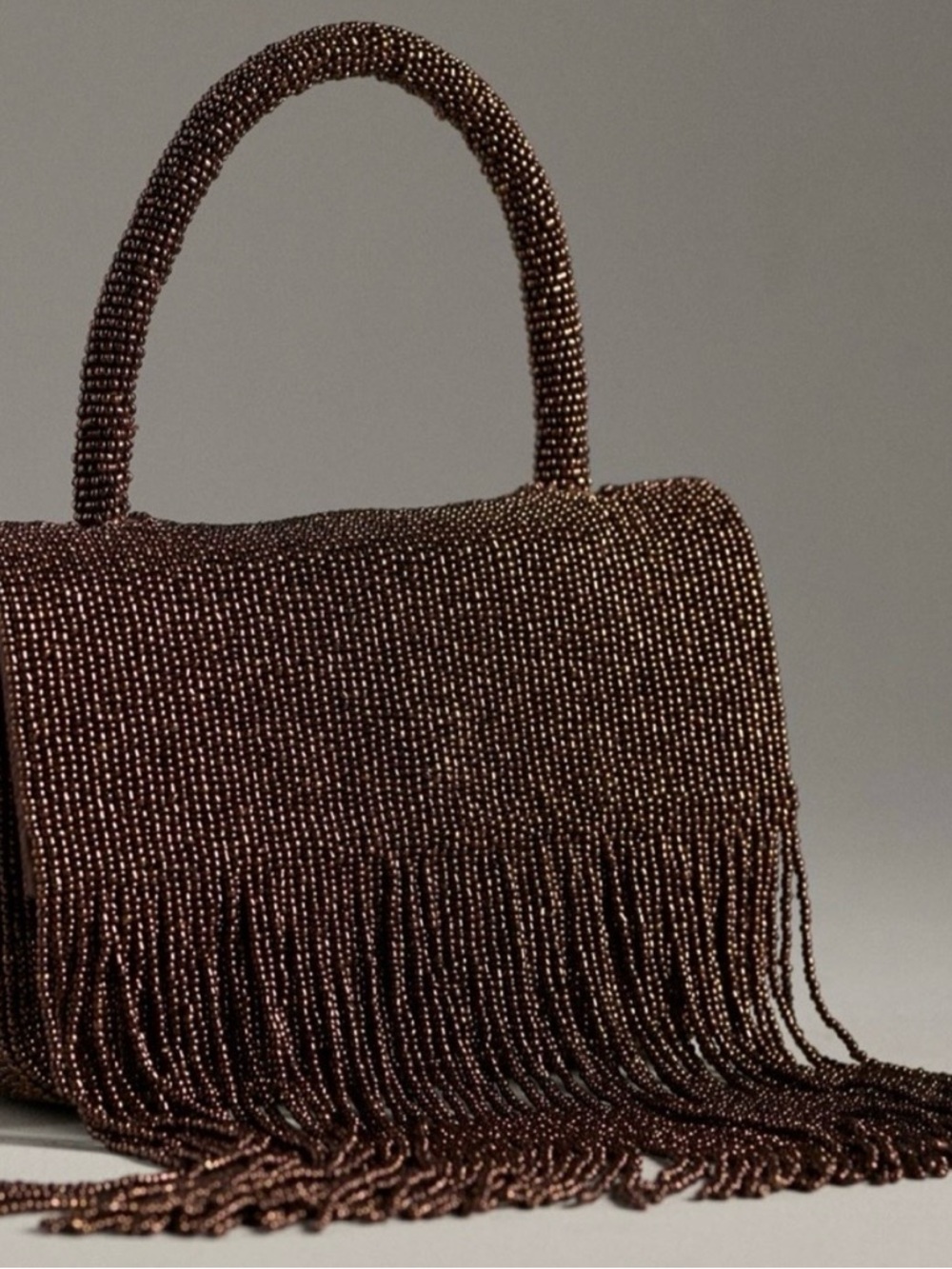 Anthropologie Brown Beaded Fringe Top-Handle Evening Bag